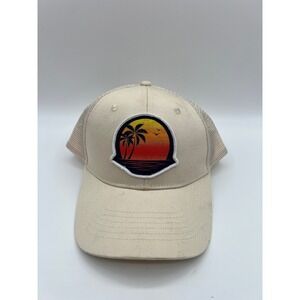 The Easy Life Mens Trucker Hat Beige Cream Sunset Palm Tree Patch Snapback Cap